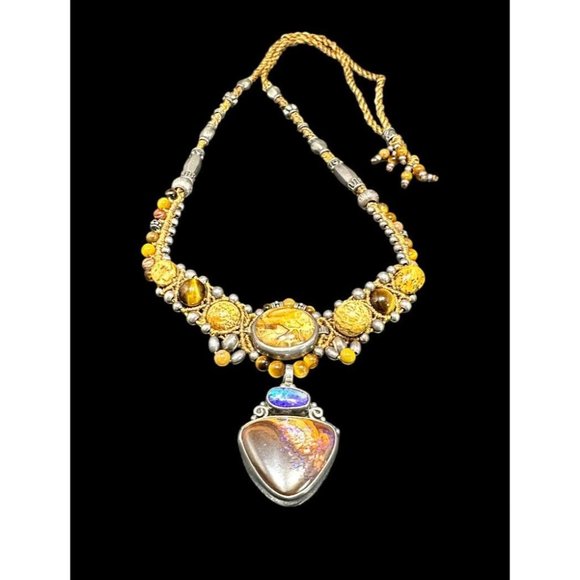 Vintage Southwestern Sterling Silver, Jasper, and Moonstone Necklace Ethnic - Picture 4 of 7